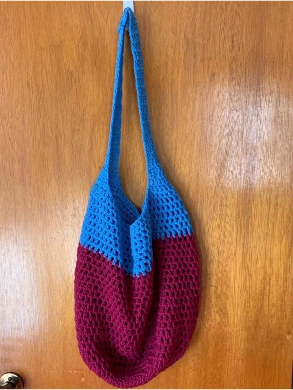 Handmade Blue and Burgundy Crochet Shoulder Bag